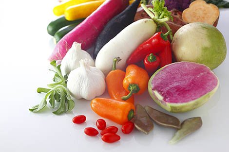 a  photograph of many fresh fruits and vegetables against a white backgroun