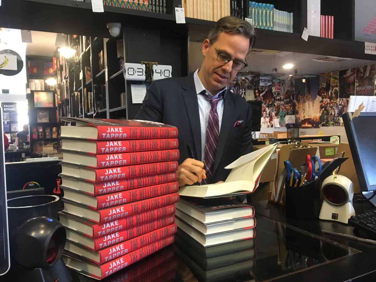 BookSoup's tweet photo. When it's Monday &amp; you look a mess post-inventory but then CNN's @jaketapper drops in &amp; signs copies of #HellfireClub! https://t.co/yNE1MOK6Jd https://t.co/ac2PLuZLXb