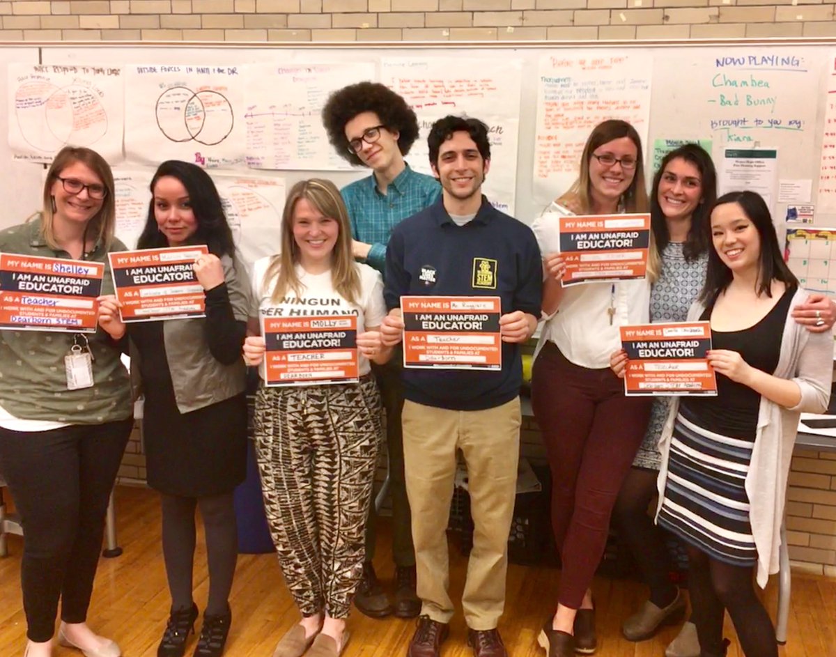 All over <a href="/BostonSchools/">BostonPublicSchools</a> today people working in schools publicly declared themselves #UnafraidEducators — people who will welcome, respect, cherish, and protect undocumented students and families! Here are <a href="/UnafraidBTU/">Unafraid Educators</a> <a href="/BTU66/">BostonTeachersUnion</a> members from <a href="/DearbornSTEM/">Dearborn STEM</a>  —> send us your pics too!