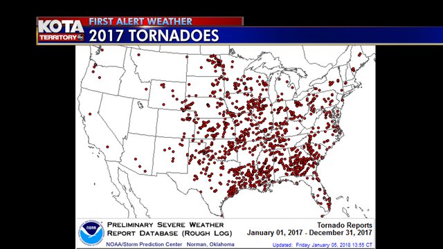 KOTAheymike's tweet photo. Talking severe weather all week, and we are very lucky in our part of the country. We see very few tornadoes compared to the rest of the plains and the southern states. These maps show all the tornadoes in 2016 and 2017, just a handful of rather brief and weak tornadoes for us. https://t.co/xBTYgfgLEJ
