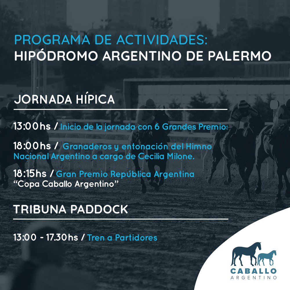 ¡Llegó el día!  A horas del Festival Caballo Argentino, les dejamos el cronograma completo de lo que va a pasar en la cancha 2 del Campo Argentino de Polo, el Hipódromo de Palermo y la Avda. del Libertador en su intersección con Dorrego.

¡No te lo podés perder! ¡Entrada gratis!