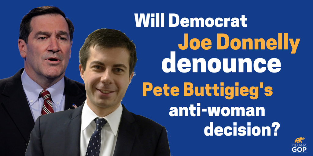 indgop's tweet photo. Pete Buttigieg restricted healthcare options for women in South Bend by vetoing a decision approved by the Common Council. @ChairmanHupfer  &amp; @indgop  call on Democrat Joe Donnelly (who claims to be pro-life) to denounce this anti-woman move. #INSen

More: https://t.co/fW4EANtIrH https://t.co/5ZAAfP1cru