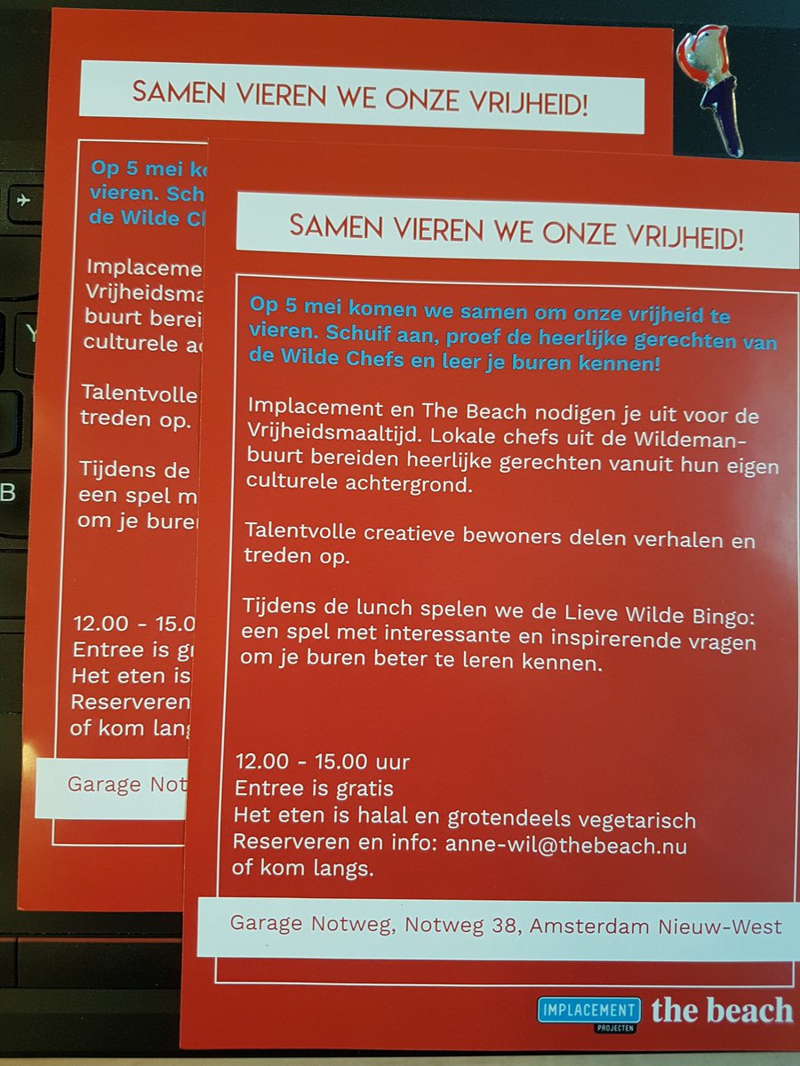 Implacement's tweet photo. Kom as zaterdag #05mei om 12.00uur ook naar de Notweg 38 in #Amsterdam en eet mee tijdens de #vrijheidsmaaltijd van @thebeach_design en @Implacement want samen vieren we onze #vrijheid! https://t.co/wZtwnnHYqZ