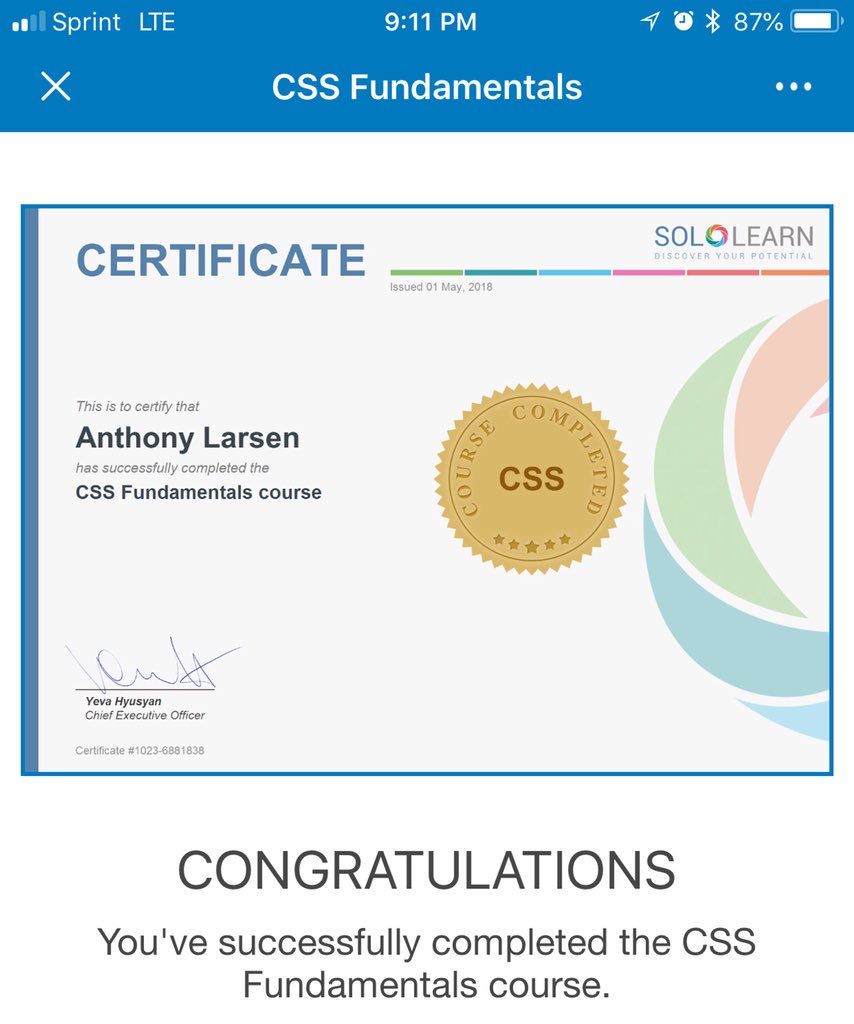 anthonydlarsen's tweet image. R1D98 Tonight I finished the final section in @SoloLearn’s #CSSFundamentals course &amp;amp; I received my course certificate! 🙂Tomorrow I’m going to pick up where I left off w/ learning #JavaScript on Colt Steele’s @udemy web developer boot camp! #100DaysOfCode #CodeNewbie