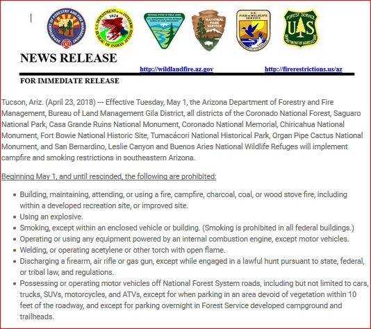CCFirenIncident's tweet image. #DryConditions Trigger #FireRestrictions in Southeastern #Arizona Effective 05/1/18, #AzDFFM, #BLM GilaDist, #CoronadoNationalForest... firerestrictions.us/az/ #CochiseCounty #SantaCruzCounty #PimaCounty