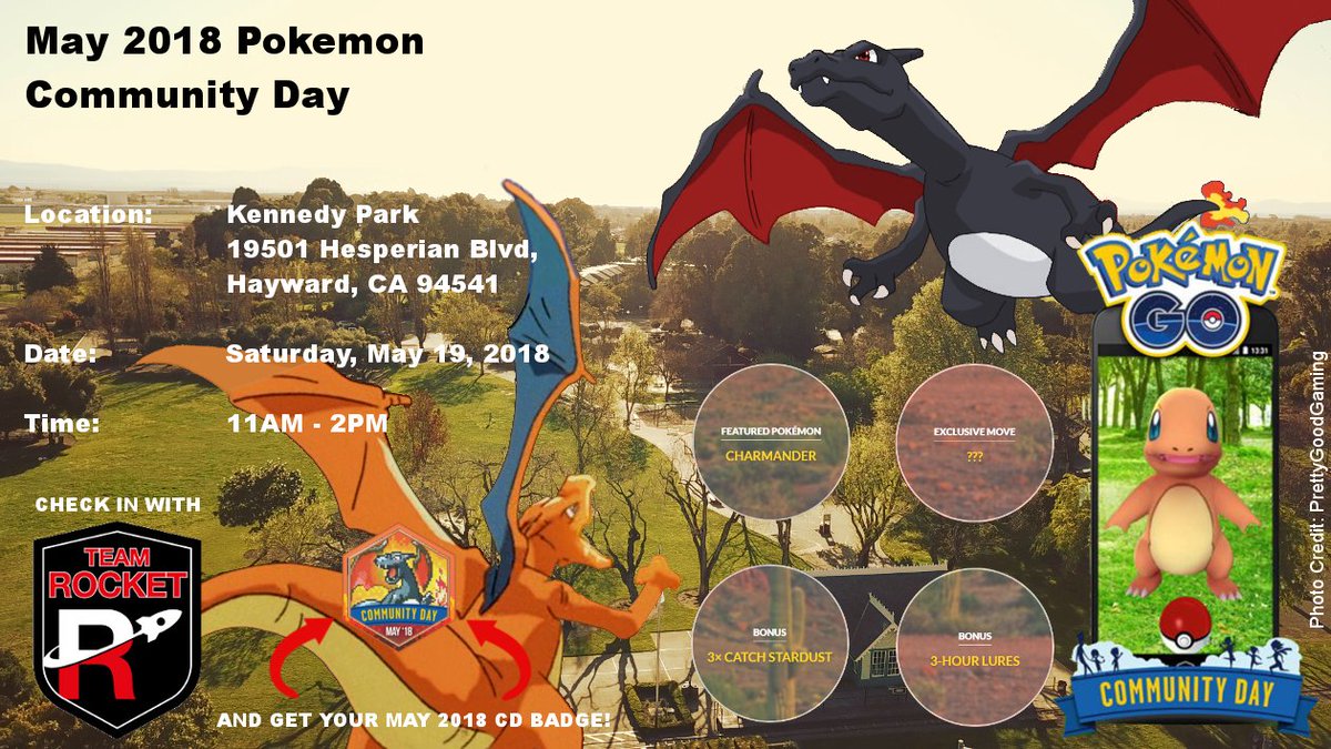 TeamRocketBA's tweet photo. #TeamRocketBA will be hosting May 19 #PokemonGOCommunityDay at Kennedy Park, Hayward, 11AM-2PM. Our #TeamRocketCD Event Staff will help check you in for the Shiny Charizard @TheSilphRoad badge! 😉 Good luck catching shiny Charmander! https://t.co/b5WHstCZ4N