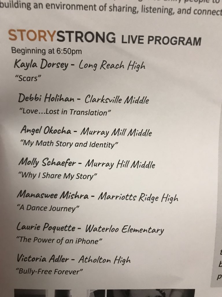 hcpss_tres's tweet photo. Such an honor to hear these stories tonight! All the speakers were captivating and impactful! ❤️💪🏻 #StoryStrongHCPSS https://t.co/9vYPCNUfIO