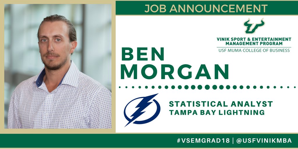 USFVinikMBA's tweet photo. JOB ALERT: Congratulations to Ben Morgan who joins the Tampa Bay Lightning (@TBLightning) as a Statistical Analyst! #VSEMGrad18 https://t.co/rjUT99e3Rl