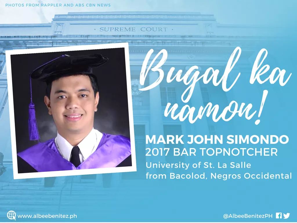 AlbeeBenitezPH's tweet photo. Higit pa sa pagiging bar topnotcher, gusto ni Mark na maging abogado para sa mahihirap. Bugal ka namon, Mark! Sana maging inspirasyon ka ng mga abogado at magiging abogado ng ating bansa.
#albeebenitez #barexam #barresults #bartopnotcher #negrosoccidental #NEGPhilippines #NEGPH https://t.co/bF2bhbvWBM