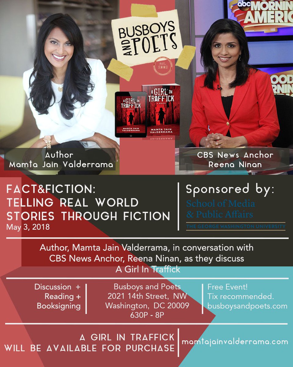 Alumni <a href="/mjvaldy/">Mamta Jain Valderrama</a> and <a href="/reenaninan/">Reena Ninan</a> discuss Mamta's debut novel and how to tell real world stories through fiction at <a href="/busboysandpoets/">Busboys and Poets</a>. ow.ly/pUOw30jLk3B