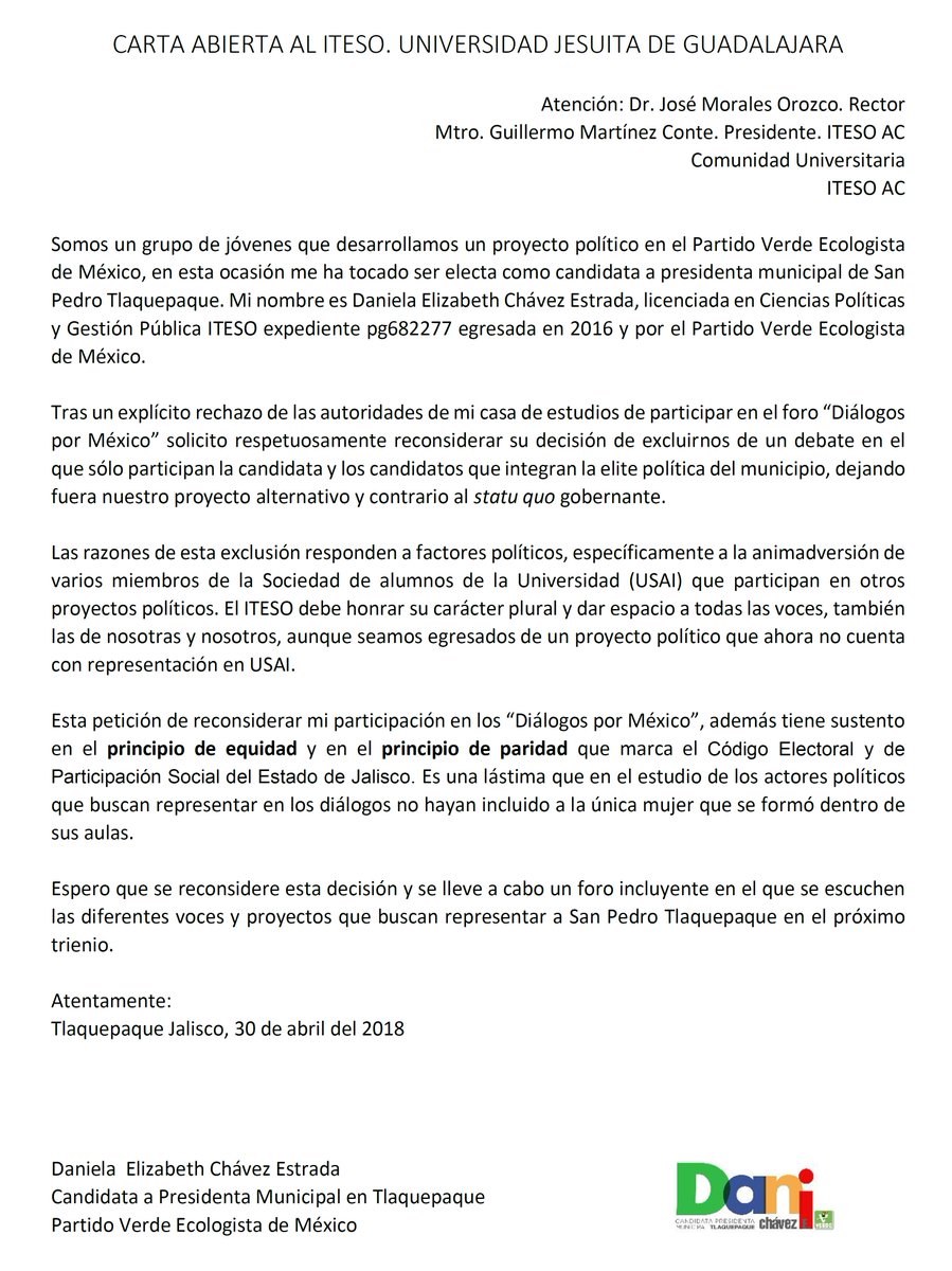 DaniChavezE's tweet photo. Lo he dicho, ser mujer y ser joven en México, es ser invisible, pero jamás pensé que lo fuera a vivir también en esta institución a la cual quiero y respeto, mi alma mater @ITESO #DialoguemosTodxs https://t.co/mEue1w91aw