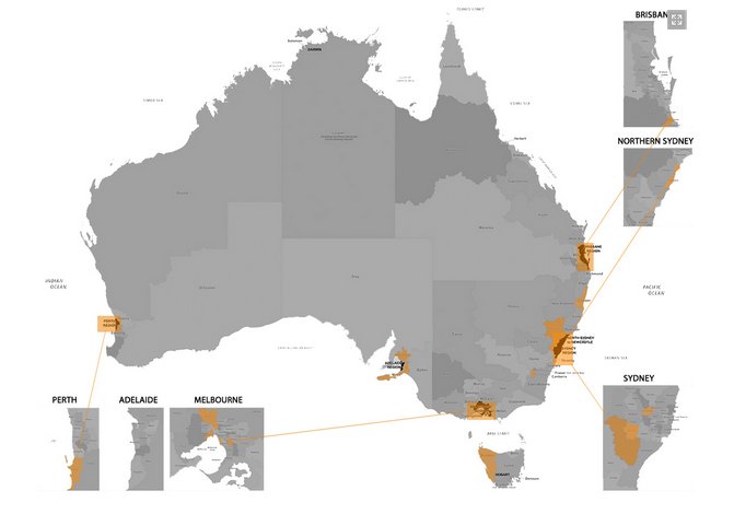 Map of Australia with participating electorates highlighted
