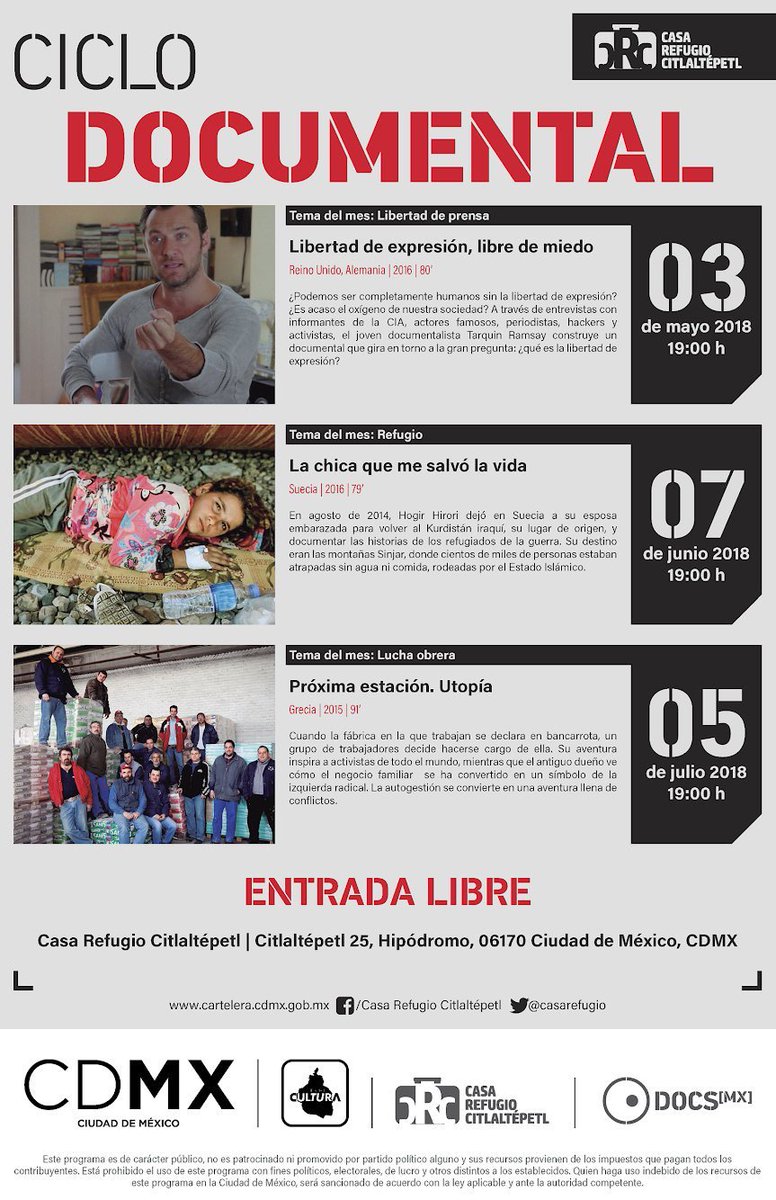 CulturaCiudadMx's tweet photo. “Libertad de prensa” es el tema del mes en el ciclo de cine documental de @DocsMX, teniendo como sede a la @casarefugio. https://t.co/Tpy1cZs2AH https://t.co/DRUtij5FUL