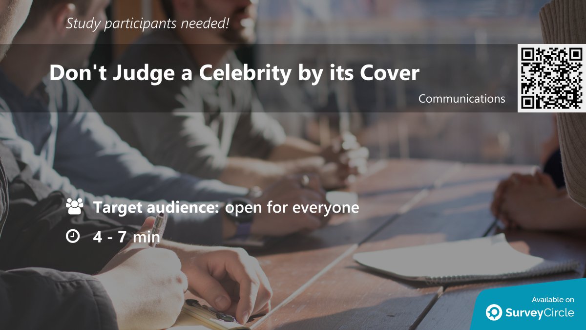daily_research's tweet photo. Current online study which is still recruiting participants:

"Don't Judge a Celebrity by its Cover" https://t.co/bOzCeqXwMn via @SurveyCircle 

#ConsumerResearch #BehaviourResearch #Celebrity #Endorsement #Identification https://t.co/6QMz6UxQIF