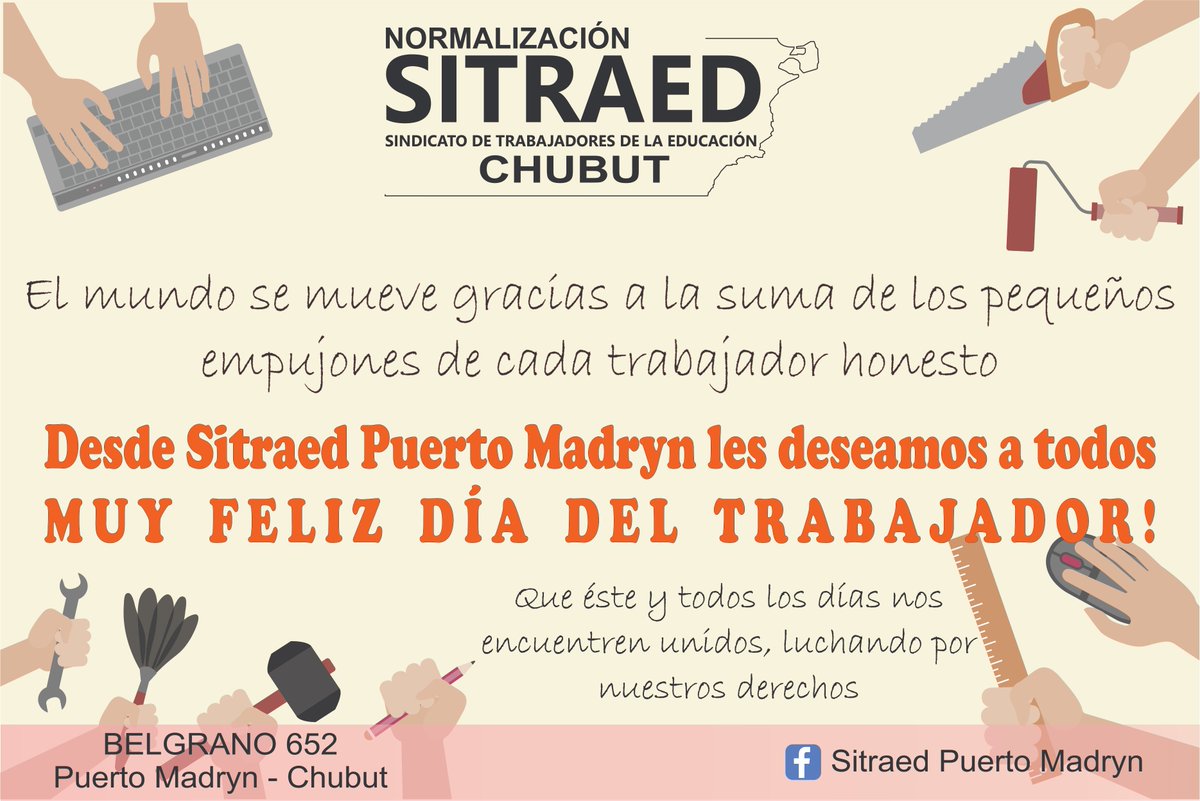 SITRAED_MADRYN's tweet photo. #DíaDelTrabajador #Sitraed #Madryn #1DeMayo
Desde Sitraed Puerto Madryn les deseamos a todos los trabajadores un MUY FELIZ DÍA! https://t.co/Fq5FlKvFTL
