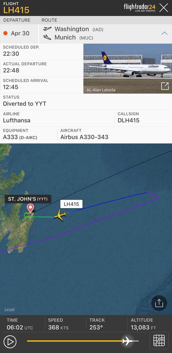 TomPodolec's tweet photo. MEDICAL DIVERSION
Lufthansa #LH415
Washington to Munich
Diverted to St John’s

Passenger in medical distress 

https://t.co/Cc0ad3dTrz https://t.co/YoaKMlAH9A