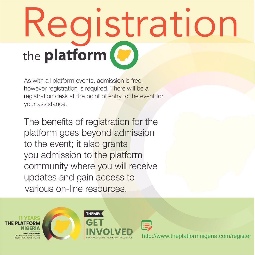 CovenantCCentre's tweet image. Registration is already ongoing for The Platform.
Date: May 1st, 2018.
Time:9:00am
Click on the direct link in our bio to register.
#GetInvolvedNG #ThePlatformNG
