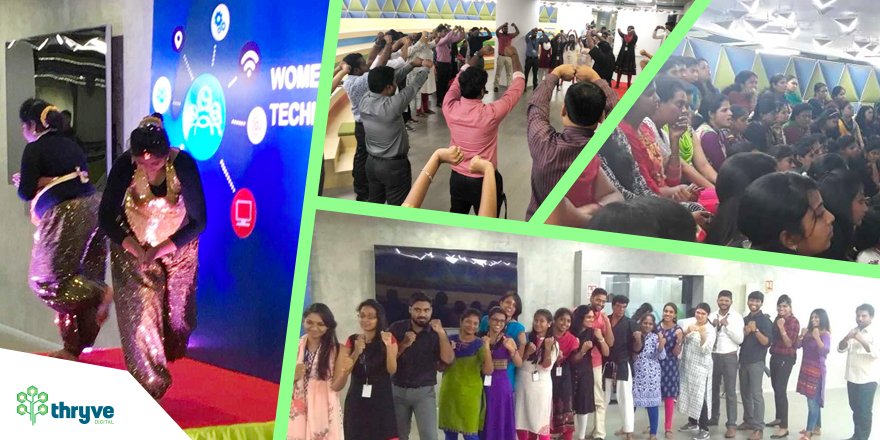 Thryve_Digital's tweet photo. On the occasion of #InternationalWomensDay all the women of Thryve came wearing Red,Purple,White,Black symbolizing 4 great qualities in a woman: Power,Dignity,Simplicity and Courage. Self-defense workshop was organized to teach basic techniques to defend oneself.#morepowertowomen https://t.co/fxiAnvM0we