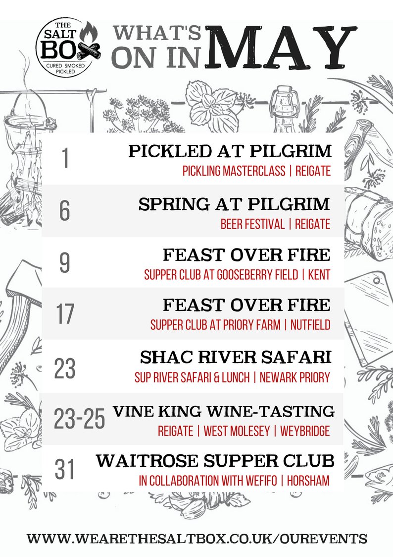 Why hello there May☀️! We've teamed up with a fantastic variety of businesses both locally here in #Surrey and in #Kent/#WestSussex, to bring you a smorgasbord of events throughout the month of May - come rain or shine! Find out more at bit.ly/saltboxukevents. #foodevents