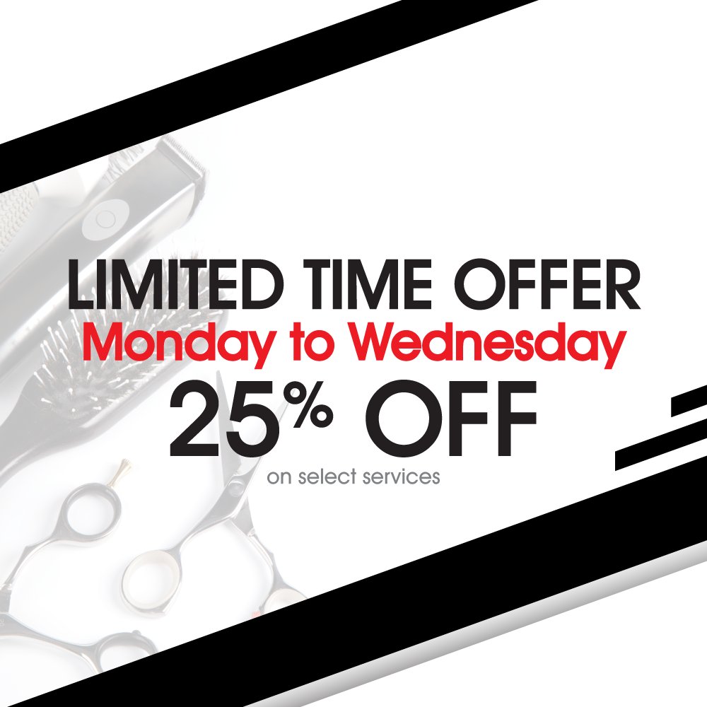 LIMITED TIME OFFER! Get 25% OFF from Monday to Wednesday on select services! visit store for details! #Coupon #Deals #Salon #PerfectSalonSpa #HappyHour #BrowBar #threading