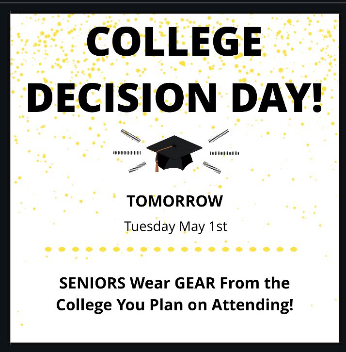 ChapHappenings's tweet photo. Yo Chap Seniors! In honor of College Decision Day tomorrow, wear some gear from the college you plan on attending! Show some school pride and let everyone know where you’ll be going! https://t.co/MOgLVbrokk