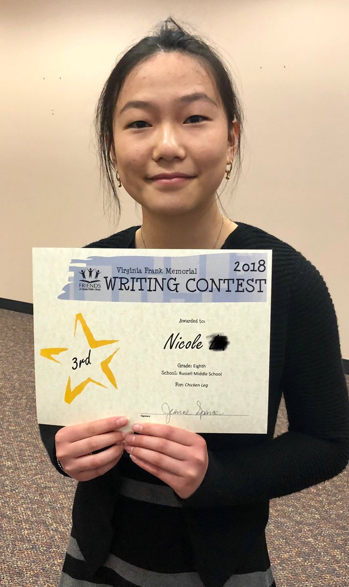 emdietsch's tweet photo. We @mps_russell are so proud of this T-wolf. Nicole earned 3rd place in the Virginia Frank memorial writing contest @OmahaLibrary. Well done! Keep up the good work. https://t.co/sDUvaZCDQr