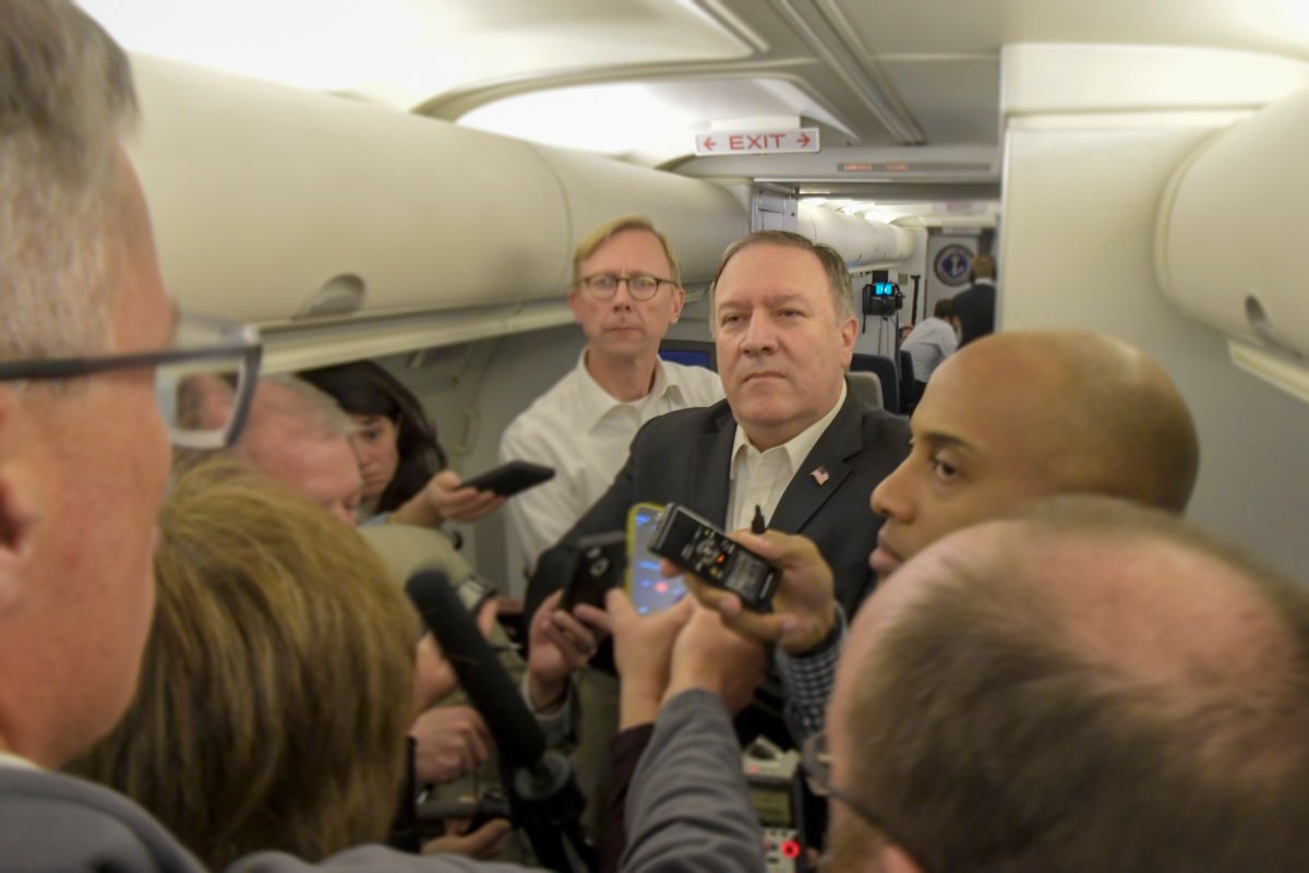 Secretary Pompeo addresses reporters en route to Joint Base Andrews on April 30, 2018.