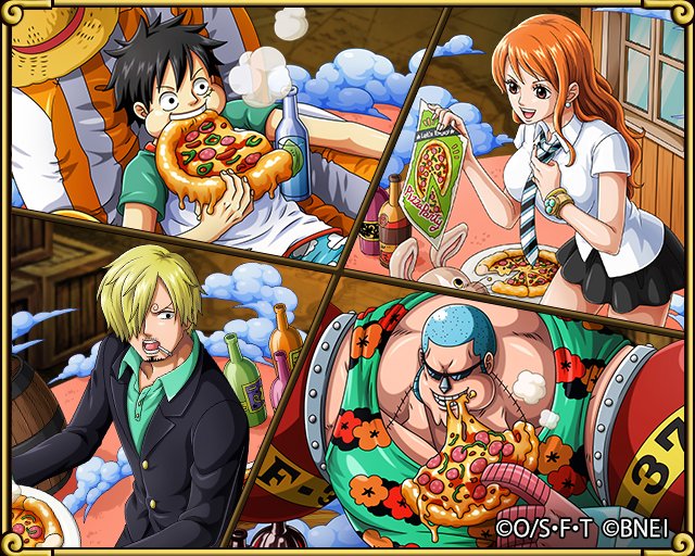 One Piece トレジャークルーズ 新キャラ情報 スペシャル島に ピザパーティをしている麦わらの一味が登場 お昼ご飯のピザを奪いに来たと勘違いされるかも T Co D1lzyauiev トレクル4周年