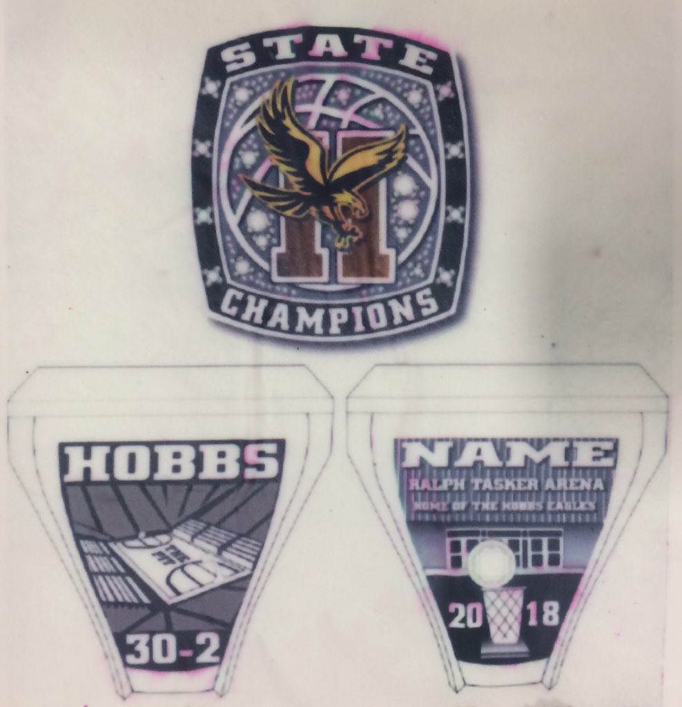 JasonCFarmer's tweet photo. Pretty sweet looking design. The #HobbsHoops #LadyEaglesBasketball team’s championship rings will have actual hardwood for the H in the Hobbs logo. #brandnewdesign #neverbeendonebefore #trendsetter @herffjones @Hobbs_Schools https://t.co/IF0ULA00zs