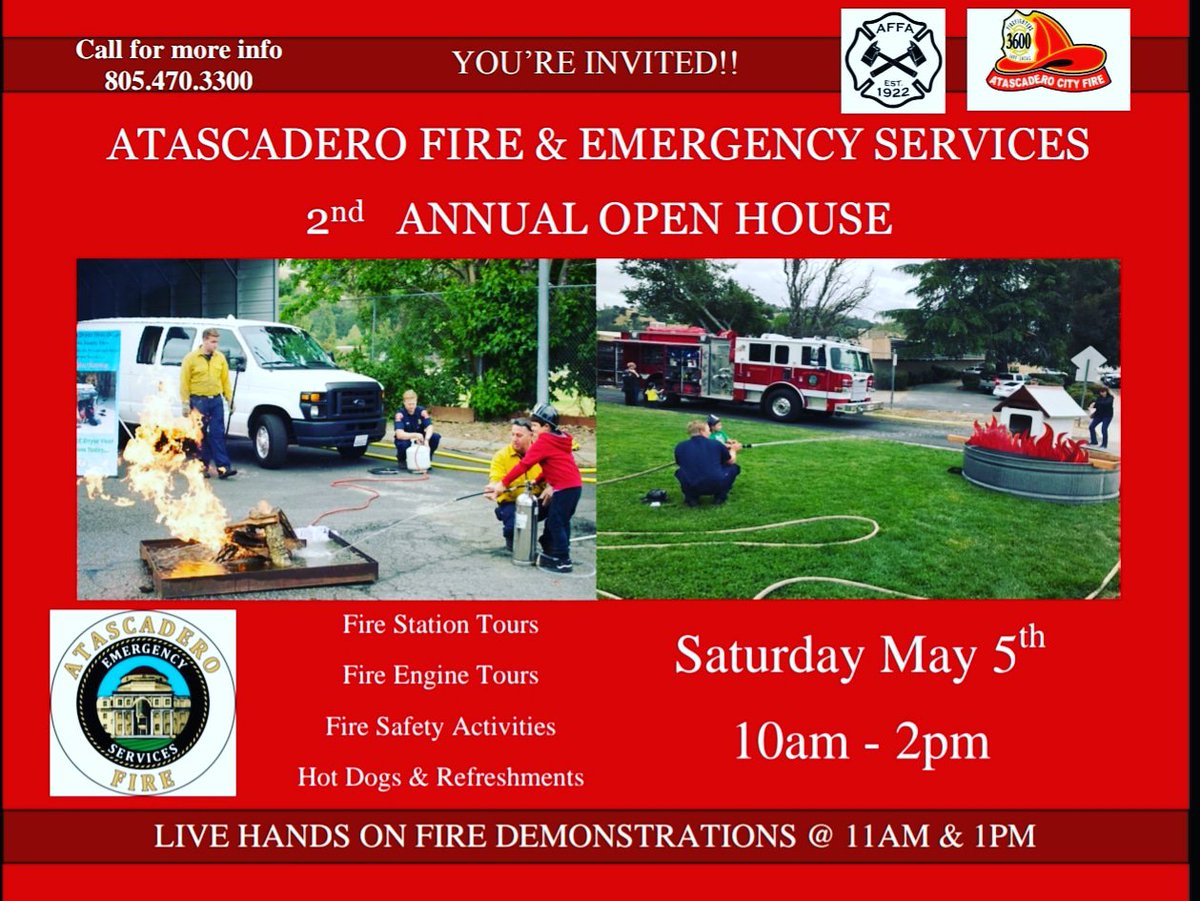 ATAFireL3600's tweet photo. Mark your calendars and come join us this Saturday at Fire Station 1 for our Open House! There will be interactive activities, rescue & fire demonstrations, tours of the station & apparatus and much more! #firestation #firefighter #atascaderofire #atascadero #fireopenhouse https://t.co/FYrmA4PHmL