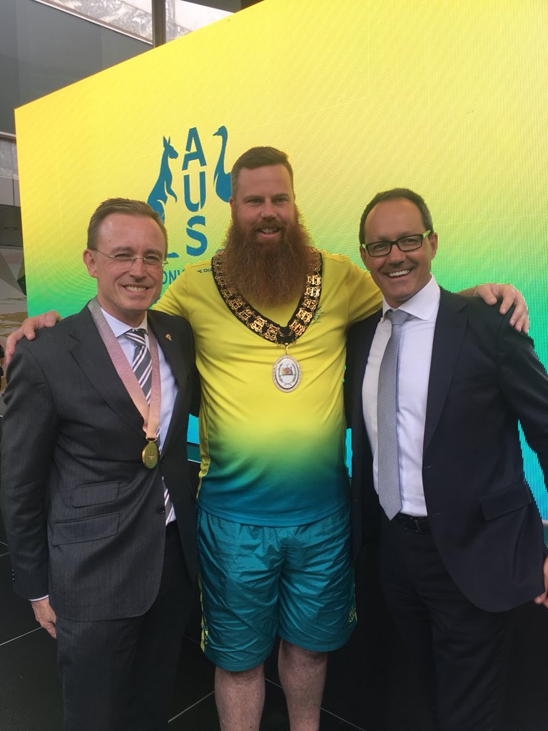 Corey_Wingard's tweet photo. Privileged to represent SA Premier @marshall_steven at the Commonwealth Games team reception in the city with Lord Mayor @MartinHaese #saproud @Kyle_chalmers3 @JessTrengove @scottcrowley @CommGamesAUS #DanRepacholi #fearthebeard https://t.co/WNFUfXmcz7