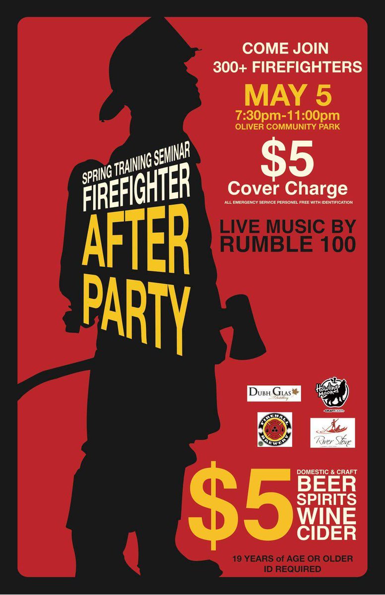 OliverFireDept's tweet photo. #SpringSeminar2018 this coming weekend includes an After Party with live music by @RUMBLE100BAND with local producers @TheDubhGlasD with their award winning @NoteworthyGin, @FirehallBrewery (hosting the After-After Party), @HowlingCider and #RiverStoneWinery

Open to the public! https://t.co/F0Km3WHWZV