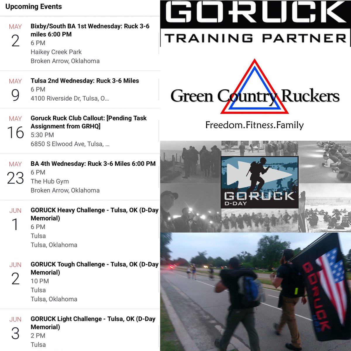 GCRuckers's tweet photo. Join #GreenCountryRuckers in May as we train for the #GORUCK D-Day Memorial HTL coming up on June 1st. #GRFIREBASE #GRT #GORUCKtraining #GORUCKamerica #GORUCKHeavy #GORUCKTough #GORUCKLight #goruckHTL #GORUCKOklahoma #ruckyeah #ruckclub #GoodLivin #FreedomFitnessFamily #Tulsa https://t.co/eM9cTWHC4N