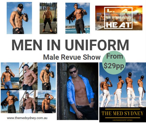 HensAust's tweet photo. L.A Heat are taking over the Men In Uniform Show at The Med Sydney soon. Can't wait!!!!!

#malerevueshow #malestrippers #hensparty #bachelorette #hens #party #fun #ladiesnight #birthday #eyecandy #greatnightout https://t.co/zn3yT1GLxS
