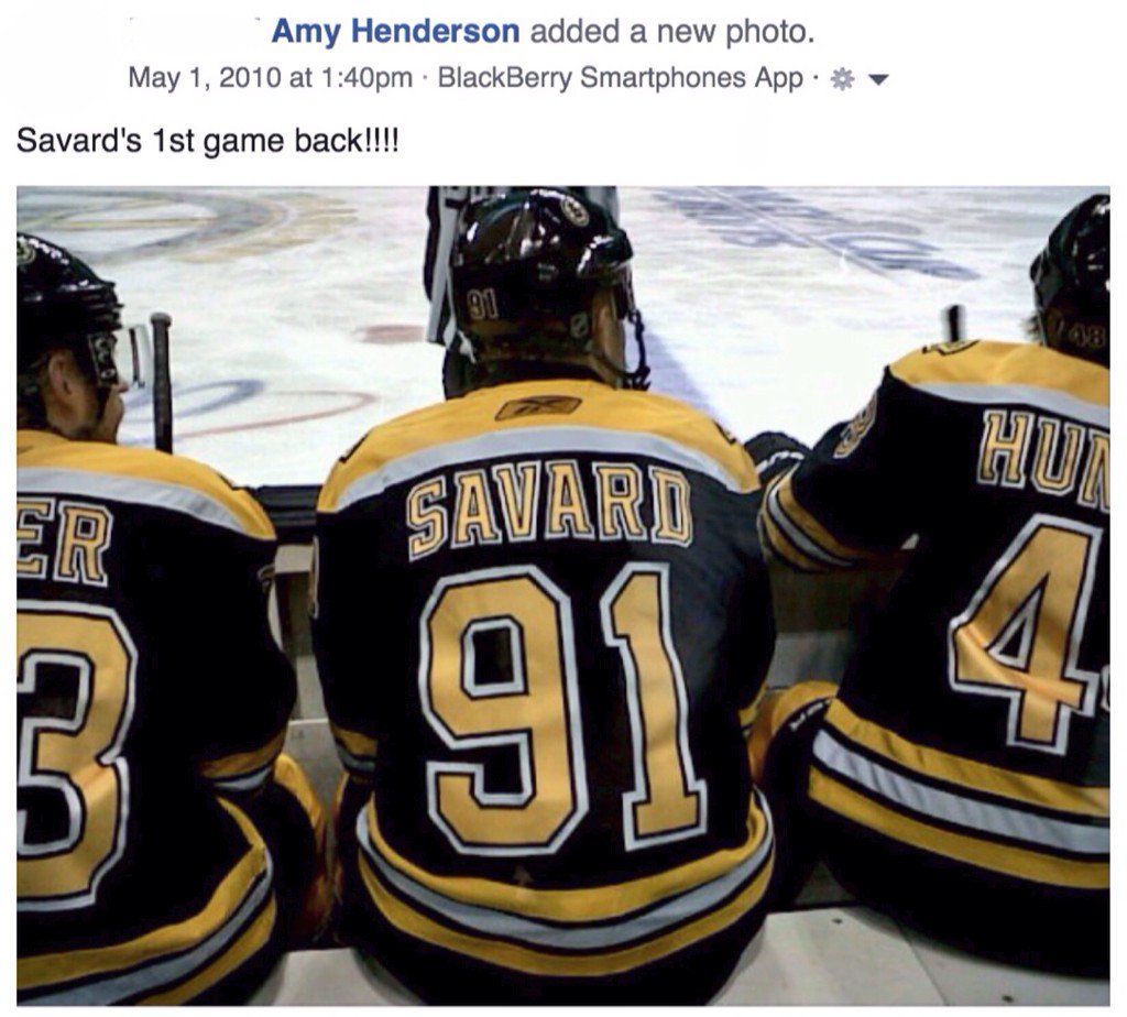 AmyBoston's tweet photo. Today 8 Years ago May 1st! Remember this @MSavvy91 ? #NHLBruins Bench. Along side #MichaelRyder and #MattHunwick https://t.co/bmAvaDjsyV