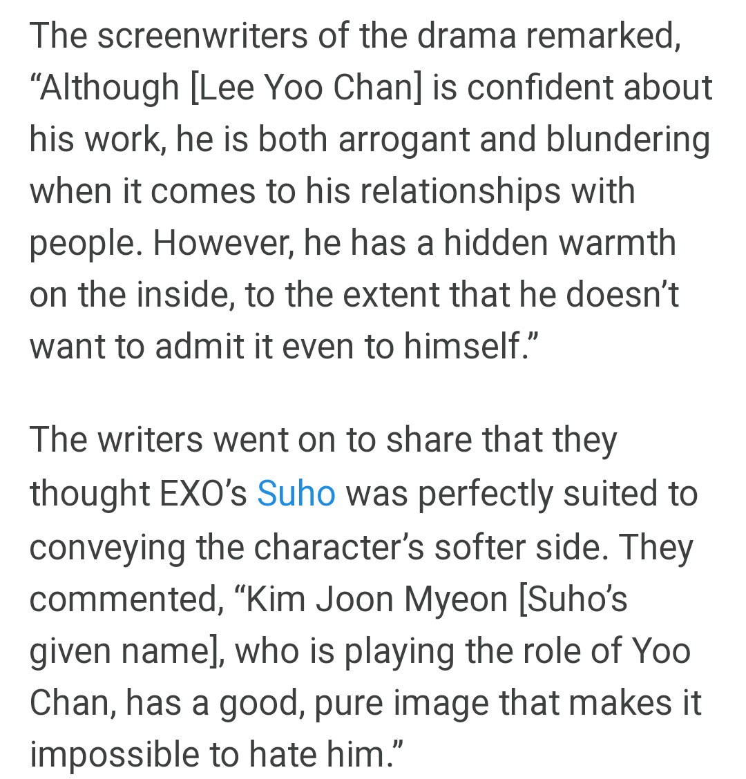 angelsuhokjm's tweet photo. EXO’s Suho was perfectly suited to conveying the character’s softer side. Kim Jun Myeon who is playing the role of Yoo Chan, has a good, pure image that makes it impossible to hate him. #Suho #RichMan #김준면 ♥
https://t.co/uGOsSwNMtj

@weareoneEXO #PremiosMTVMiaw #MTVBRKPOPEXO https://t.co/ciNFkj6j52
