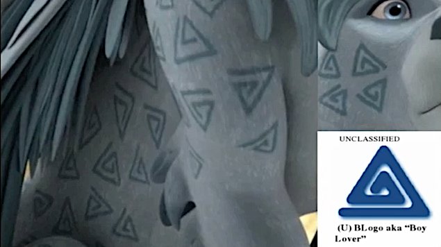 SGTreport's tweet photo. WHY WHY WHY is Disney placing this KNOWN (by the FBI) pedophile symbol for "boy lover"on the Lion character "Chief Zephyr", in their kids show 'Elena de Avalor'?  #PizzaGate #PedoGate https://t.co/hifhD48mCK