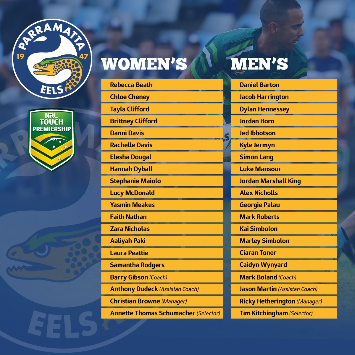 nswtouch's tweet photo. The NSW Touch Football is pleased to announce the team listings for the @TheParraEels Inaugural NRL Touch Football Premiership #touchfooty #elite #pathways @touchfootyaus @NRL https://t.co/ZPhlLKkqcj