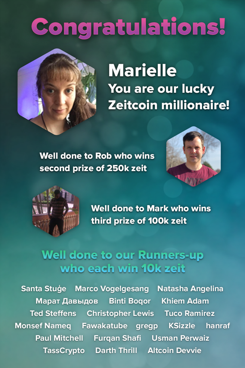 ZEITCOIN's tweet photo. CONGRATULATIONS! Our #zeitcoinmillionare has been chosen. Well done to Marielle. Well done to our prize winners Rob and Mark and all our runners up. For those not quite as lucky stay tuned as we will be launching more promotions soon. Together #ToTheMoon #cryptonauts https://t.co/aYDXFyT46Z