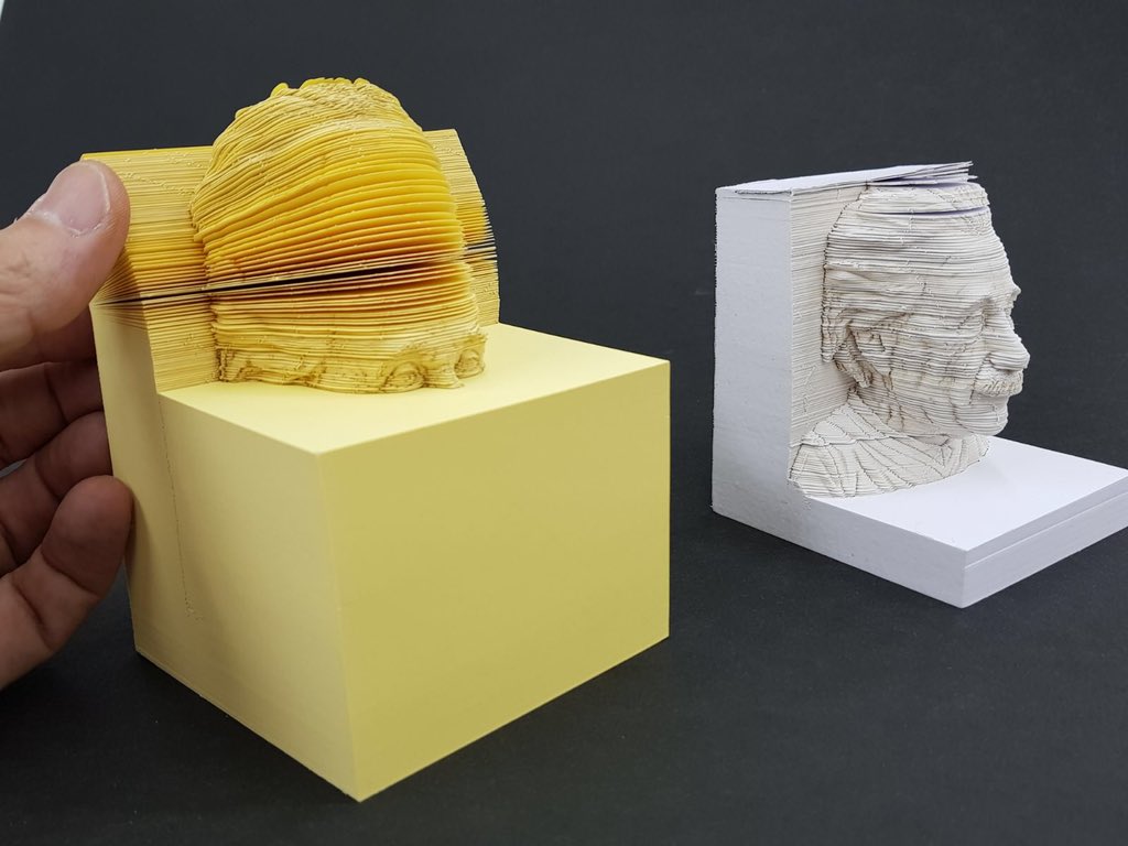 ilanprint's tweet photo. See this cool thing?
Maybe you’ve seen something similar on a viral video, but the memo block with Einstein’s face is real, and made at our printing company with  @pulp_shop @HighconDart for Fresh Paint Exhibition. 
#freshpaint #3Dprinted #3Dcutting #Creative #idea https://t.co/VDncmQzHlA