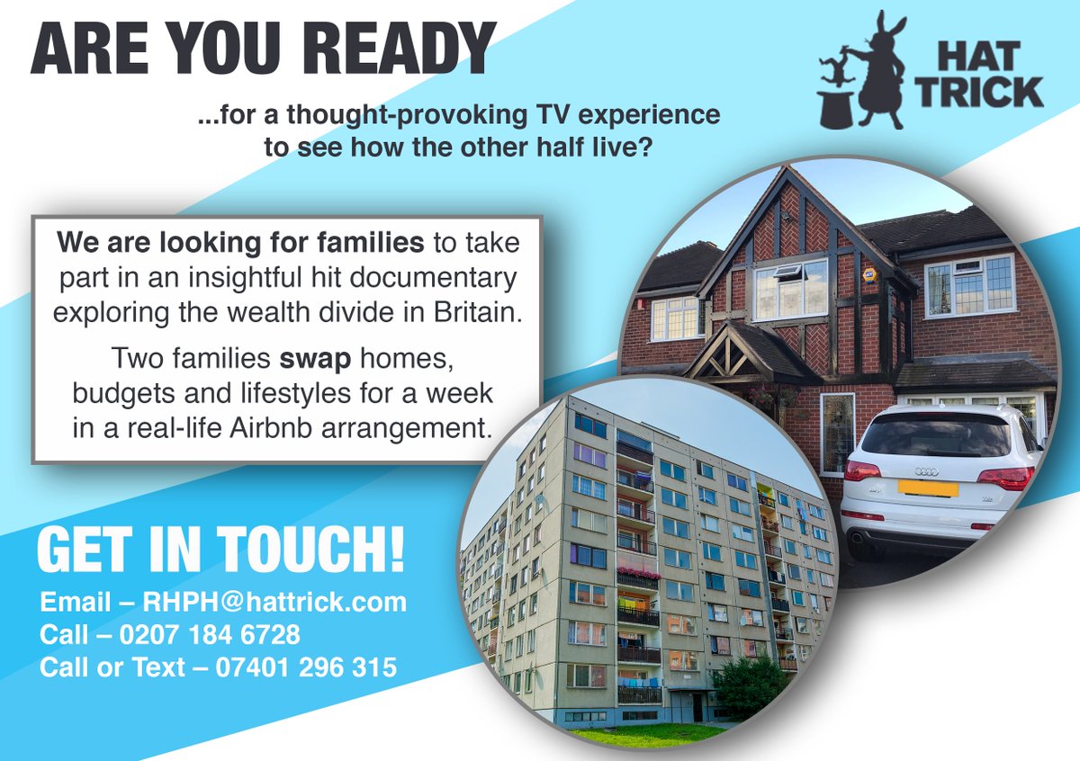 Ladies and gents, Rich House Poor House is back for a 3rd series, starting tomorrow on Channel 5 – if you would like to be considered for an upcoming episode, please get in touch using the details on this flyer. Thanks! Pls RT
