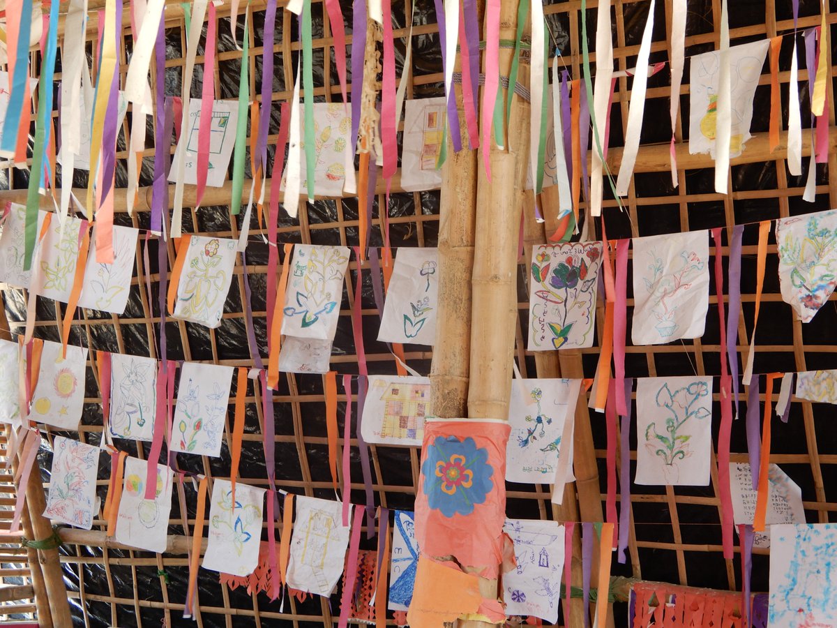 Art work by #Rohingya children seen on the walls of a child play area supported by <a href="/dfat/">Department of Foreign Affairs and Trade 🇦🇺</a> <a href="/eu_echo/">EU Civil Protection & Humanitarian Aid 🇪🇺</a> #EDUCATIONCANNOTWAIT <a href="/savechildrenaus/">Save the Children Australia</a> <a href="/savechildrenuk/">Save the Children UK</a> <a href="/SavetheChildren/">Save the Children US</a> @SC_Humanitarian. Art (+play+education) is not just a mirror to reflect a context, but a hammer to shape future
