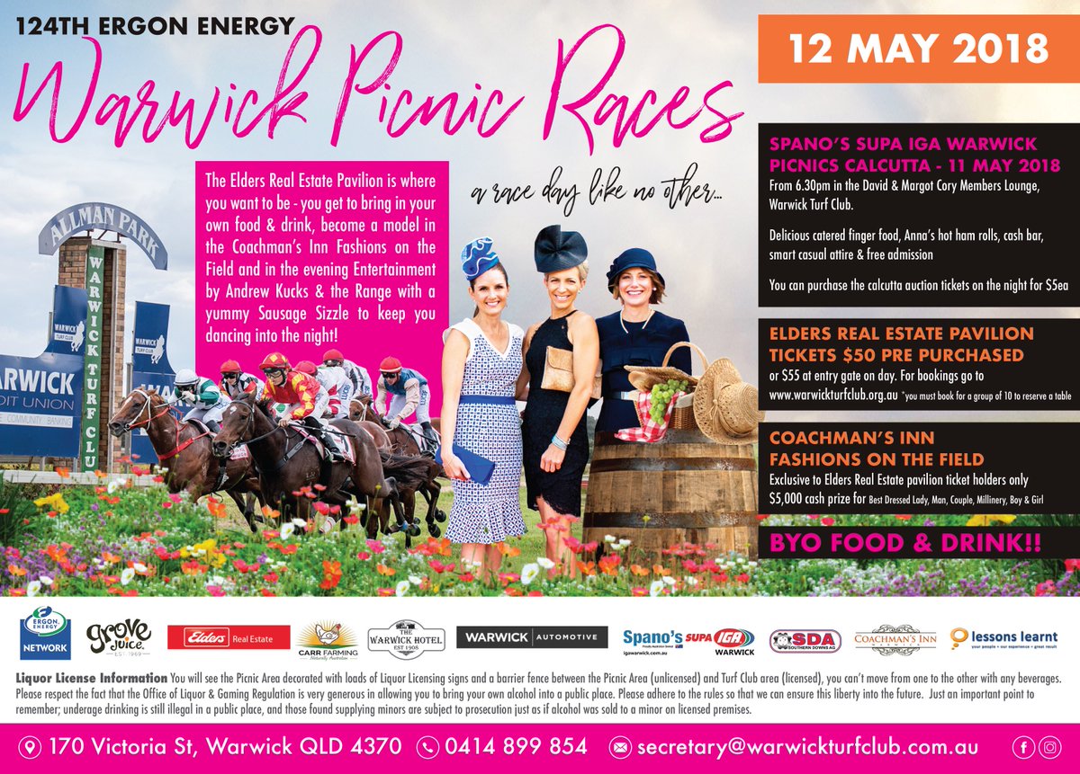 It's MAY! You know what that means? It's the month of the Ergon Energy Warwick Picnic Races 2018!! 

With just 11 days til the big day, tickets are selling fast! Purchase your tickets now! 

#warwickpicnicraces #welovewarwickraces #destinationsoutherndowns #racingqueensland