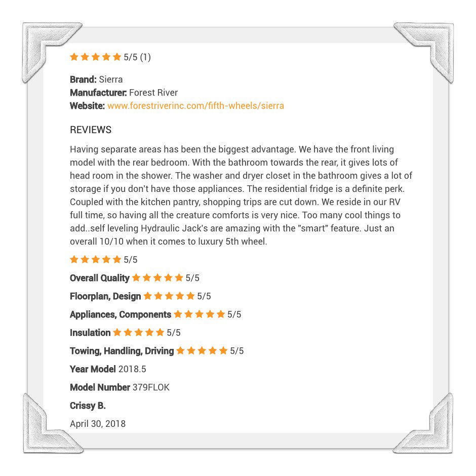 rvrater's tweet photo. #ForestRiver Sierra 5th Wheel gets a 5 Star Review! ★★★★★ Thank you Crissy for taking the time to Rate Your RV! https://t.co/7vkS7v6tm7 #forestriver #forestriversierra #sierra5thwheel #rvreviews #rvratings #rvrater #rvlife #rvlifestyle #rvliving #rvcamping #fulltimerv https://t.co/UNeF1NFBWI