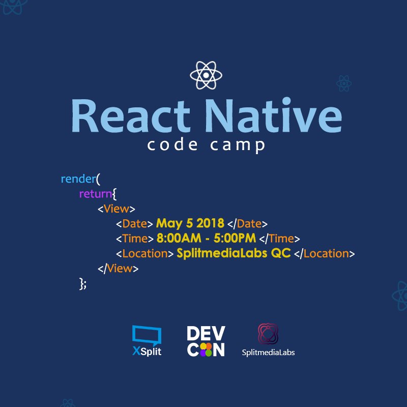 DEVCONPH's tweet photo. We add more slots to open for React Native Code Camp this coming Saturday
Register now for FREE at https://t.co/jHh0uNISbt
#DevConPH #ReactNativeCodeCamp https://t.co/PrmkXYHljE