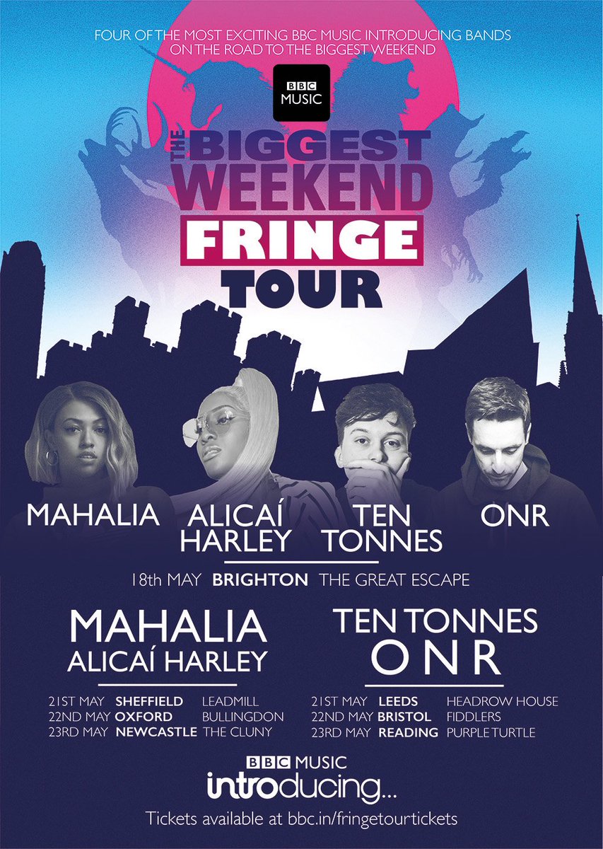 bbcintroducing's tweet image. 🚐 Time for a road trip!

First stop: #TGE18
Then: @AlicaiHarley &amp;amp; @mahalia in Sheffield, Oxford &amp;amp; Newcastle and @OnrHQ &amp;amp; @ten_tonnes in Leeds, Bristol &amp;amp; Reading
Final stop: #BiggestWeekend 🕶

Get your tickets: bbc.in/2rca4dL