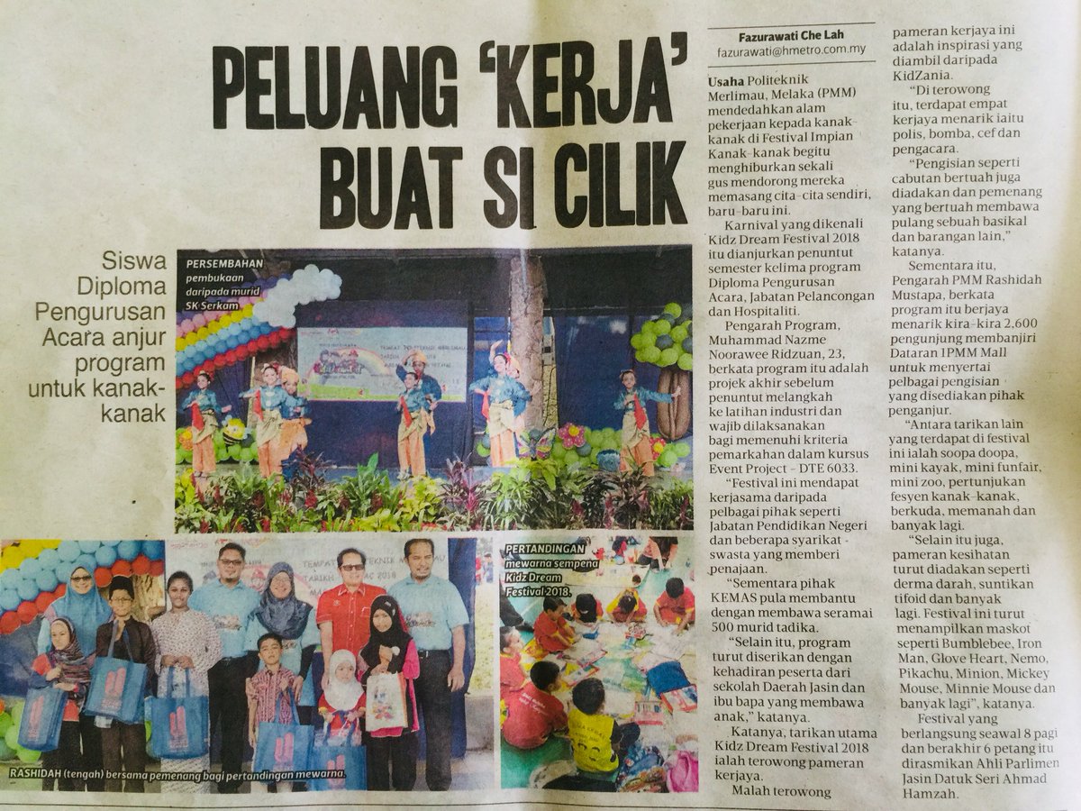 eventasticcrew's tweet photo. Peluang ‘Kerja’ buat si cilik | Harian Metro | ms N36 | 30 April 2018

#EventasticKongsi #EventasticCrew #KidzDreamFestival #kdf18 #PoliteknikMerlimau @tuitpmm https://t.co/hAWvV7GYsn