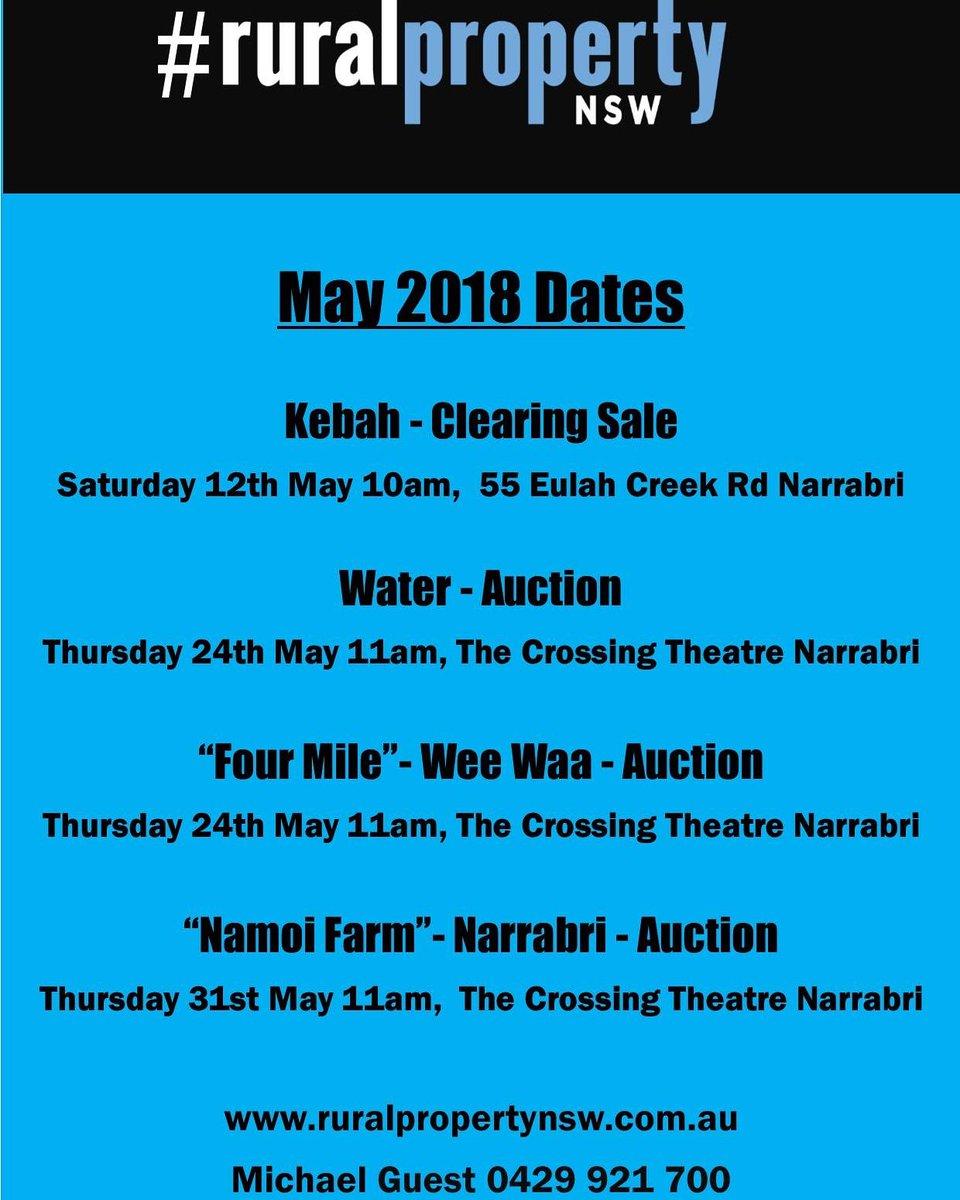 GuestML's tweet image. May is shaping up to be an exciting one for #ruralpropertynsw 

#northwestnsw #narrabri #weewaa #kebah #clearingsale #namoi #farm #auction #fourmile #permanentwater #temporarywater #ruralrealestate #ruralrealtor #farmsforsale