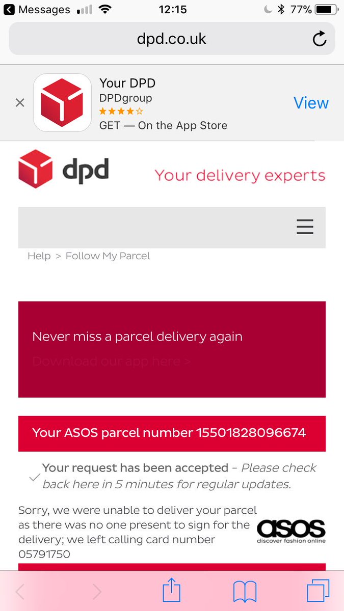 megandaisyx's tweet photo. @DPD_UK My parcel is saying nobody is in to sign but I have been waiting all morning at the reception desk. Please can this messages be passed to the driver to deliver today. https://t.co/QRKD58ea8W
