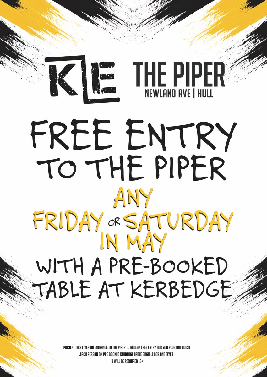 accomplicehull's tweet photo. We’ve teamed up with @KerbEdge_Hull for this massive May offer. 
Book a table at Kerbedge in May and receive free entry any Friday or Saturday night at The Piper! 
🍔 https://t.co/f0r3ZAQW0s